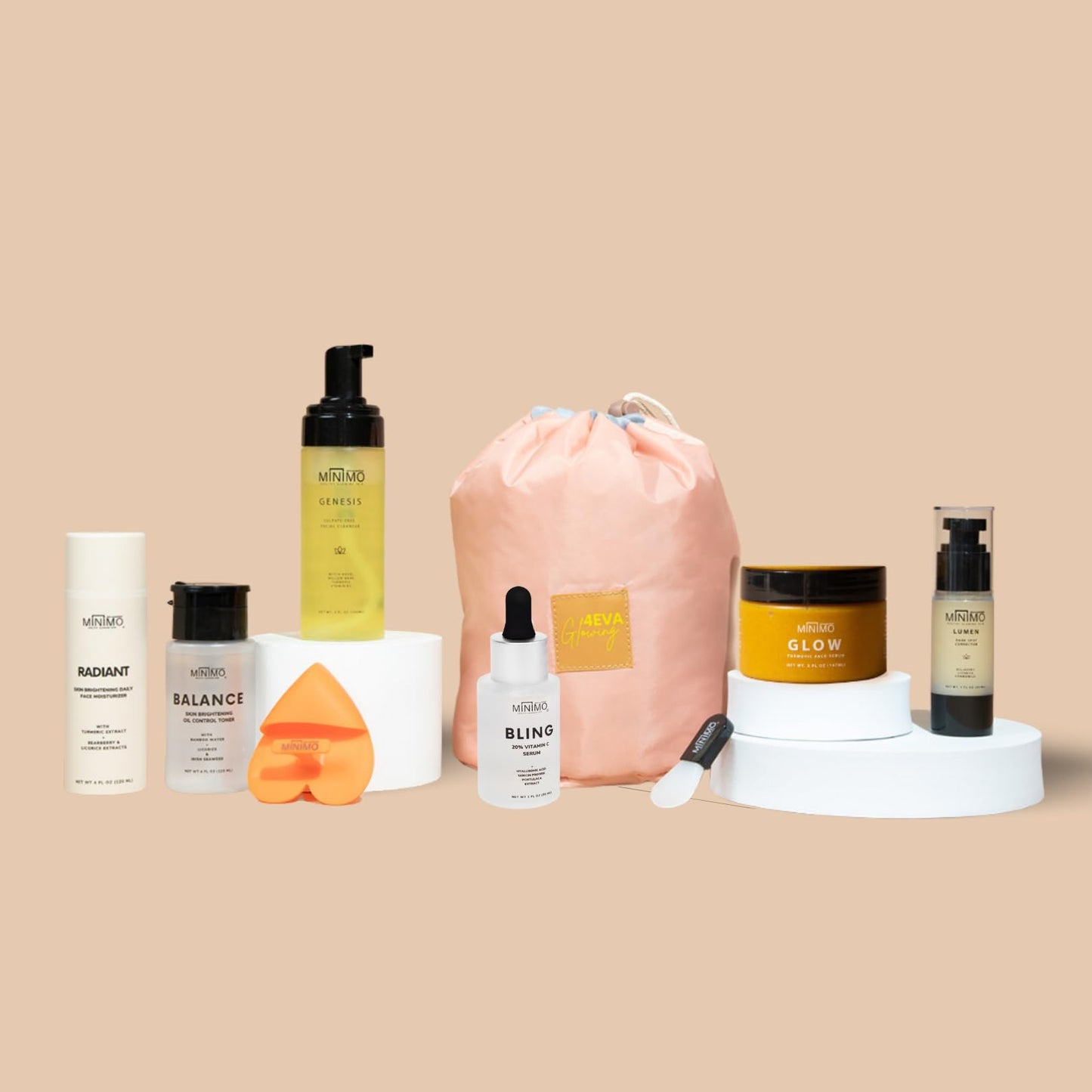 Minimo Skin Essentials Glow (Citrus Peach) Bundle Skin Care Routine | Skin Care System Face Wash, Scrub, Serum, Mask, Toner, Moisturizer & 2 Applicators | 60 Day Supply