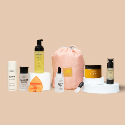 Minimo Skin Essentials Glow (Citrus Peach) Bundle Skin Care Routine | Skin Care System Face Wash, Scrub, Serum, Mask, Toner, Moisturizer & 2 Applicators | 60 Day Supply