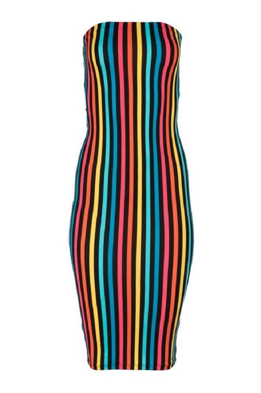 2Chique Boutique Women's Printed Tube Midi Length Dress (Small, Multicolor Stripe)