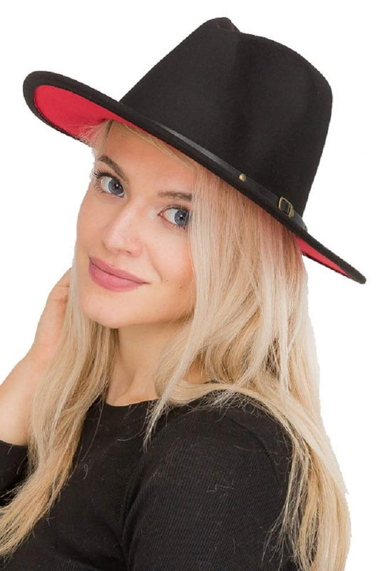 2Chique Boutique Women's Boho Chic Solid Red Lined Wide Brimmed Panama Style Felt Hat (Black)