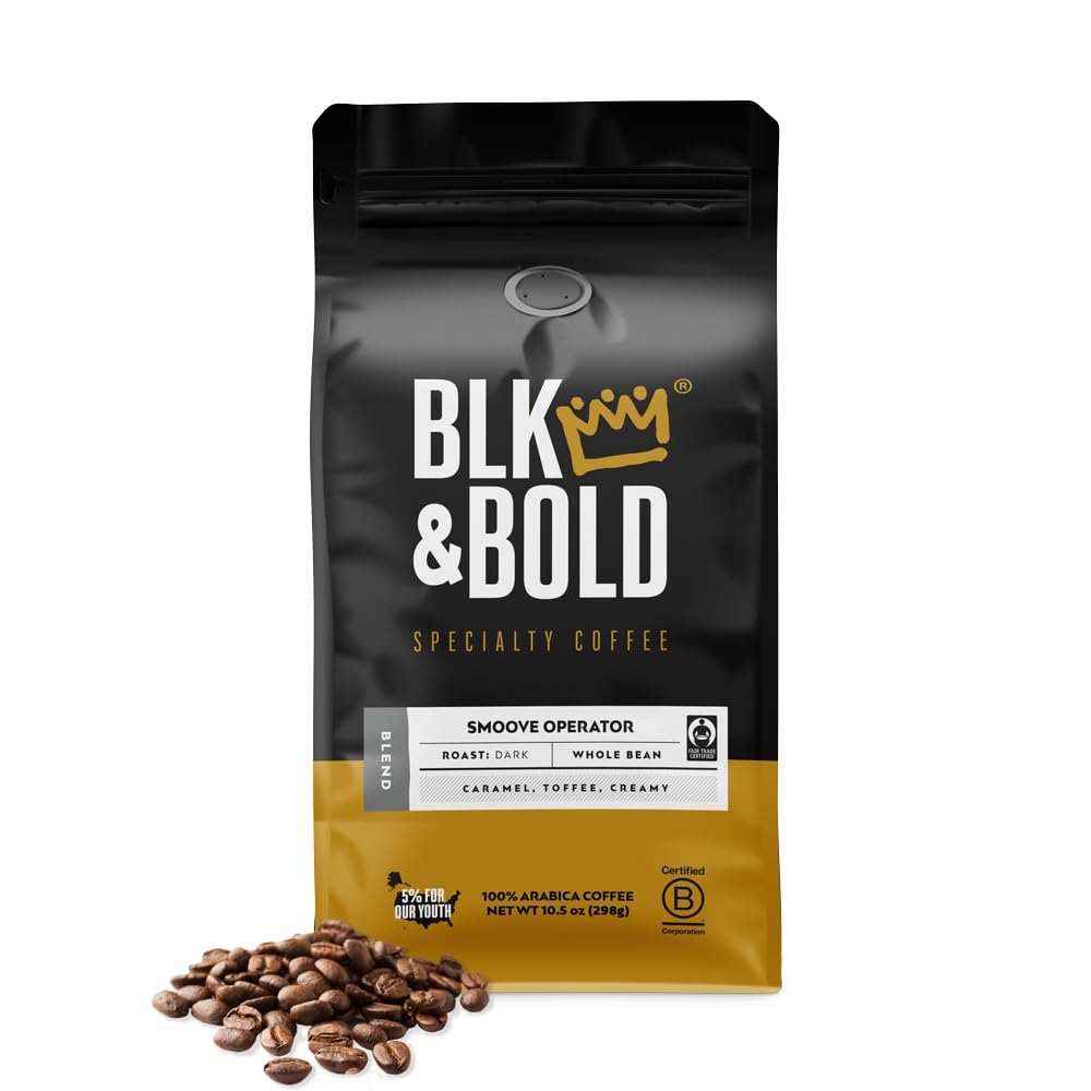 BLK & Bold Whole Bean Coffee, Smoove Operator Premium Dark Roast, 100% Arabica Beans, 12 oz Bag