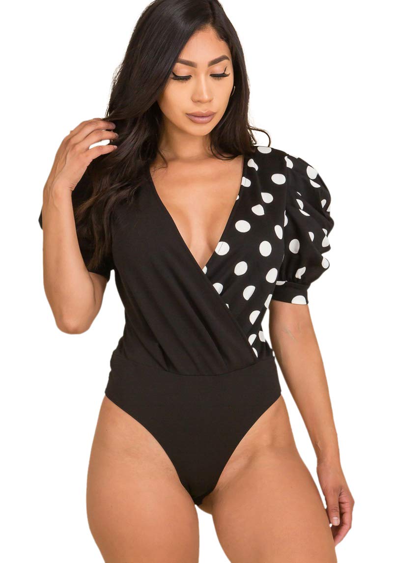 2Chique Boutique Women;s Solid Techno Crepe Fabric and Polka Dot Combi Puff Sleeve Wrap Bodysuit (small)