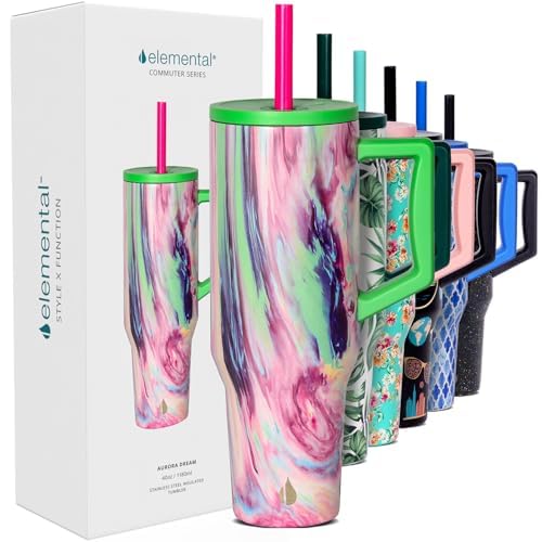 Elemental 40 oz Tumbler with Handle and Straw - Spill Proof Insulated Stainless Steel Commuter for Hot and Cold Beverages - Travel Coffee Mug with 2 Straws & Spill Proof Lid - 40oz - Aurora Dream