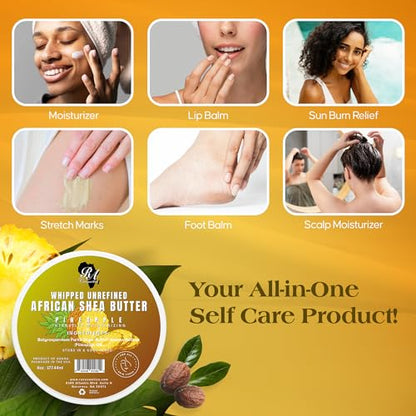 RA COSMETICS Whipped Shea Butter Pineapple - 6oz | 100% Pure & Natural African Shea Butter for Men & Women - Ultimate Handcrafted Moisturizer with Essential Vitamins for Radiant Skin