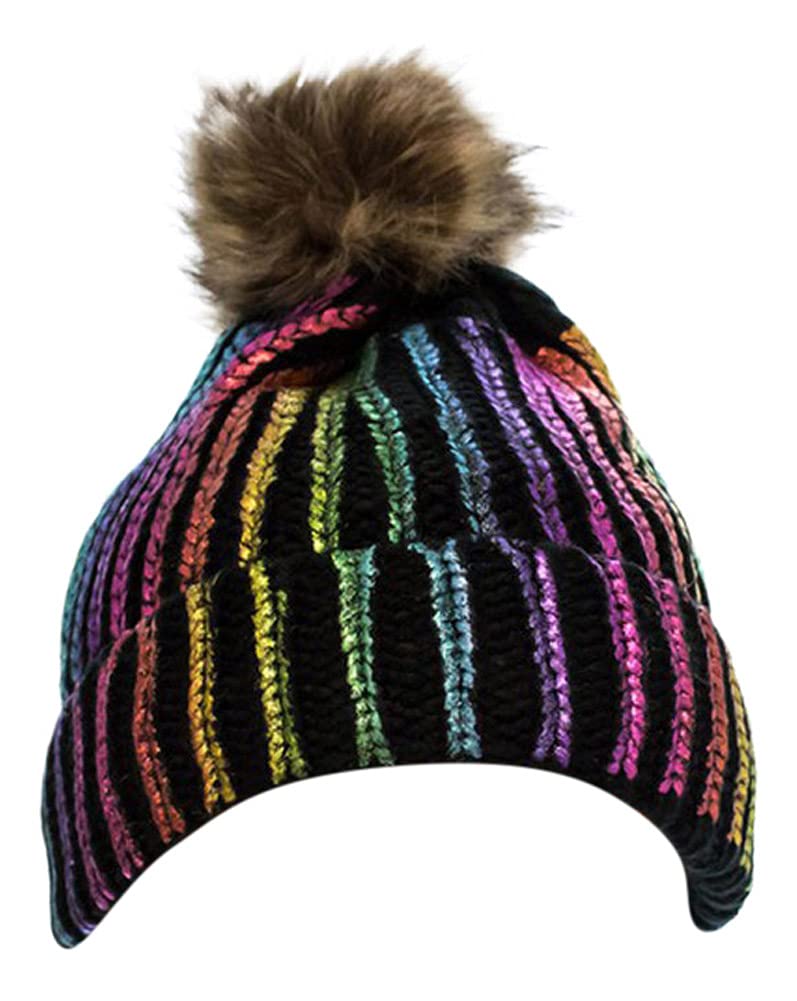 2Chique Boutique Women's Knitted Metallic Multicolor Pom Pom Beanie (Black)