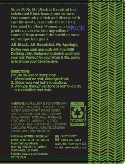 MY BLACK IS BEAUTIFUL Defining Jelly for Curly and Coily Hair with Coconut Oil, Honey and Turmeric, Curl Defining Cream, Curl Gel, 10.1 Fl Oz