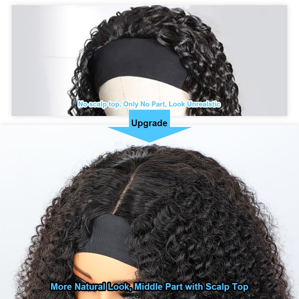 BLY Afro Curly Headband Wig Human Hair with Natural Scalp Top Middle Part Headband Wig for Women 180% Density 10A Grade Mongolian Afro Kinky Curly Hair Glueless Wig 16 Inch