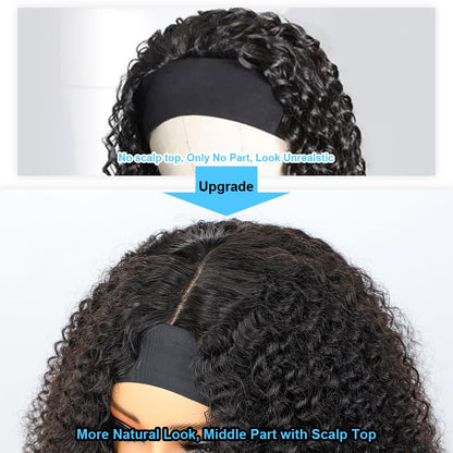 BLY Afro Curly Headband Wig Human Hair with Natural Scalp Top Middle Part Headband Wig for Women 180% Density 10A Grade Mongolian Afro Kinky Curly Hair Glueless Wig 16 Inch