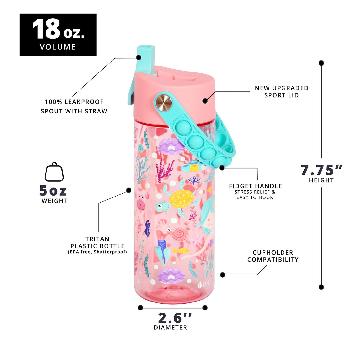 Elemental Leak Proof Water Bottles for Kids - Splash Kids Water Bottle for School with Pop-it Handle - Tritan Plastic Water Bottle with Straw - Mermaid & Robin's Egg - 18oz (2 Pack)