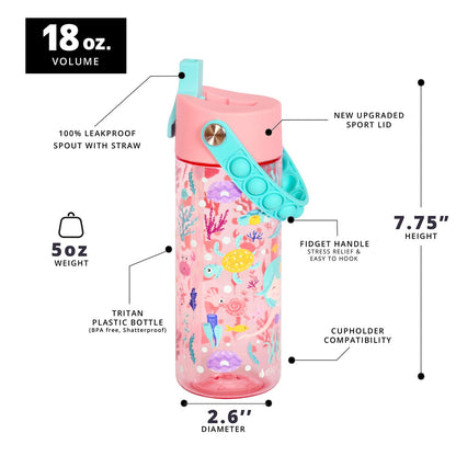 Elemental Leak Proof Water Bottles for Kids - Splash Kids Water Bottle for School with Pop-it Handle - Tritan Plastic Water Bottle with Straw - Mermaid & Robin's Egg - 18oz (2 Pack)