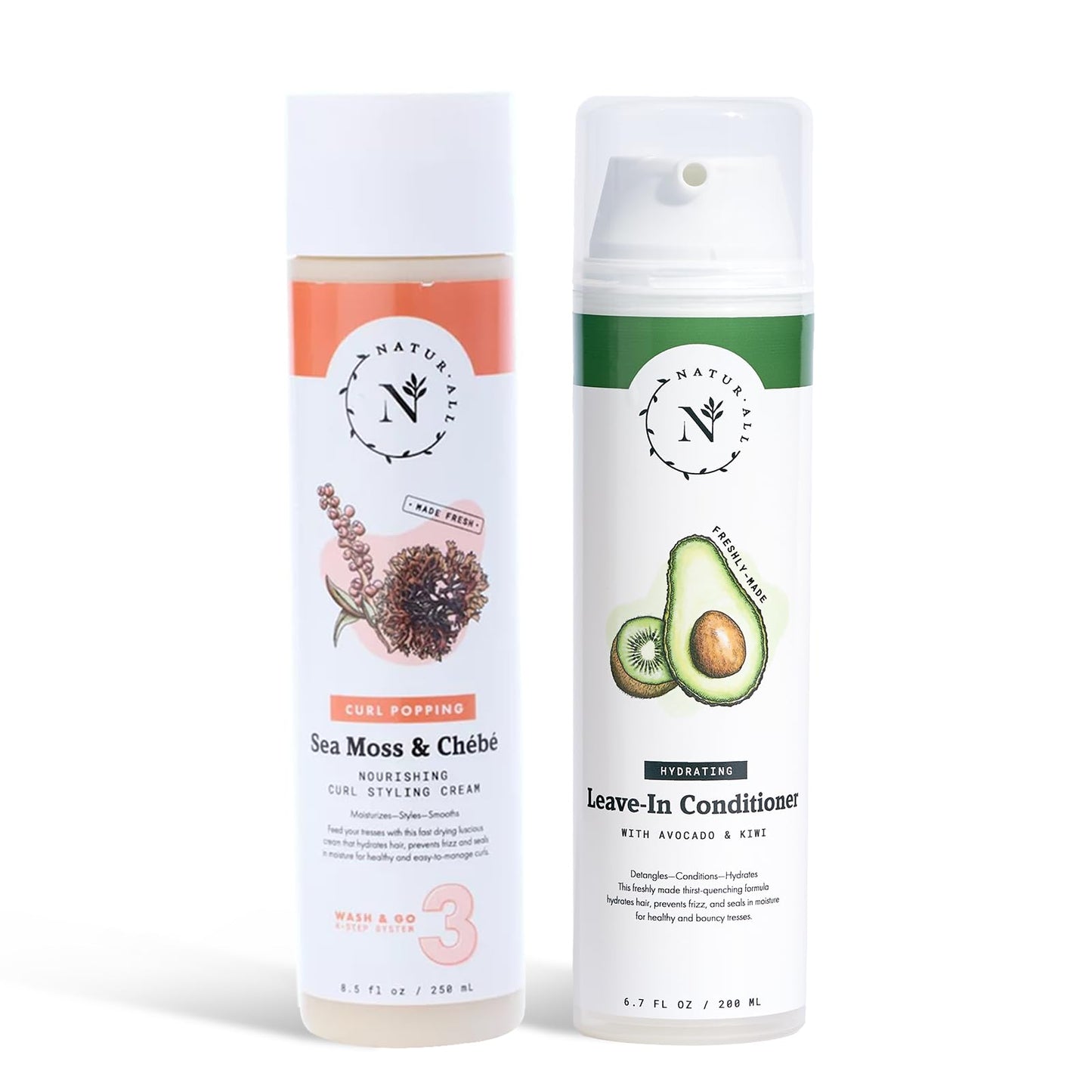 NaturAll Avocado & Kiwi Leave In Conditioner & Sea Moss & Chebe Curl Cream- Hair Styling Products for Curl Defining, Frizz Control- Paraben & Sulfate Free Curl Enhancing Hair Products