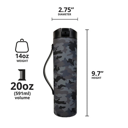 Elemental Iconic Stainless Steel Water Bottle with Straw - 20 oz Leak Proof Triple Wall Insulated Water Bottles for Travel and Sports - Reusable Gym Water Bottle with 2 Straws - Black Camo