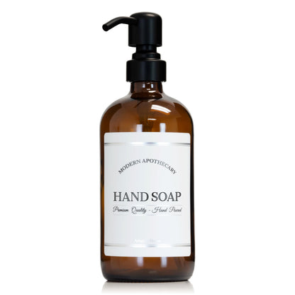 Artanis Home Amber Refillable Hand Soap Dispenser with Pump for Kitchen, Bathroom Sink - Glass Boston Round Soap Bottle - Waterproof Label - 16 oz