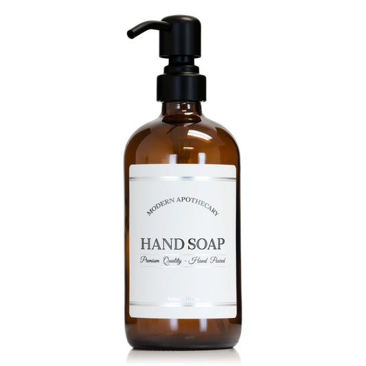 Artanis Home Amber Refillable Hand Soap Dispenser with Pump for Kitchen, Bathroom Sink - Glass Boston Round Soap Bottle - Waterproof Label - 16 oz