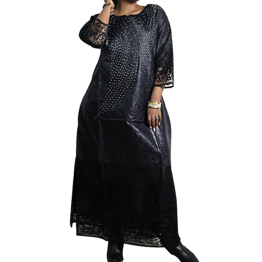 TIDOIRSA African Dresses for Women, Lace Sleeves Bazin Boubou Maxi Dress Evening Dress with Scarf (M,Black)