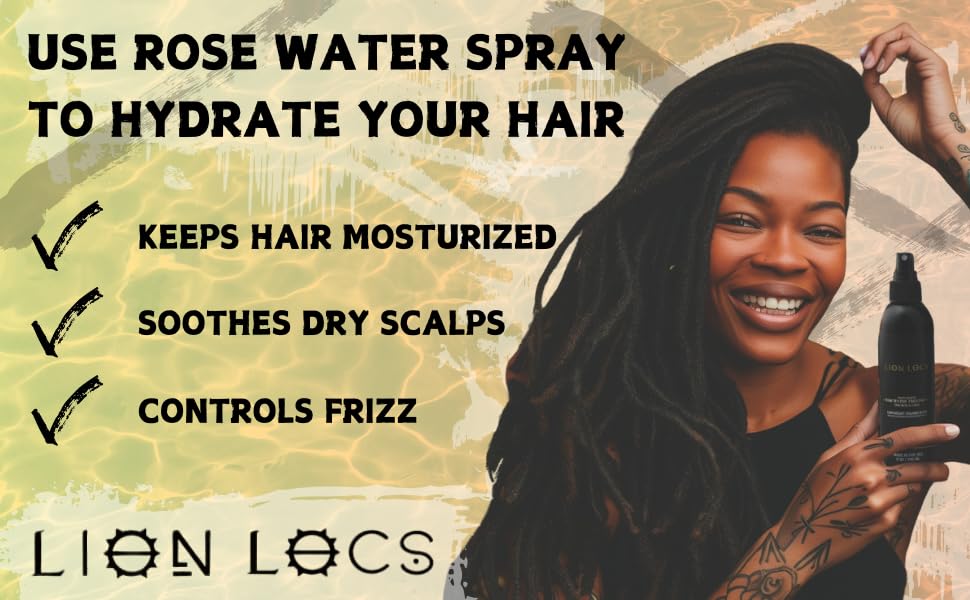 Lion Locs Rosewater Spray for Dreads and Locs - Organic Vegan Conditioner with Aloe, Oils, Vitamins, and Glycerin