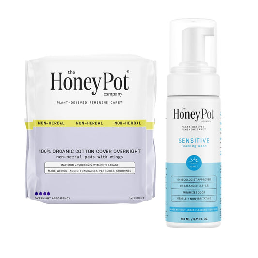 The Honey Pot Company - Non-Herbal Overnight Pads & Sensitive Feminine Wash Bundle - Cotton Cover & Natural Hygiene Feminine Products - Sanitary Pads for Women - Feminine Care - FSA & HSA Eligible