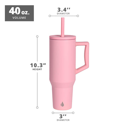 Elemental 40 oz Tumbler with Handle and Straw - Spill Proof Insulated Stainless Steel Commuter for Hot and Cold Beverages - Travel Coffee Mug with 2 Straws & Spill Proof Lid - 40oz - Rose