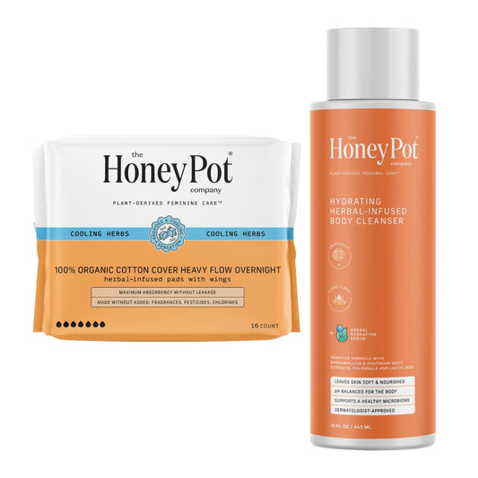 The Honey Pot Company - Heavy Overnight Pads & Grapefruit Body Cleanser Bundle - Pads Infused w/Essential Oils - Body Wash to Moisturize & Cleanse Skin - Sanitary Pads - Feminine Care - FSA & HSA