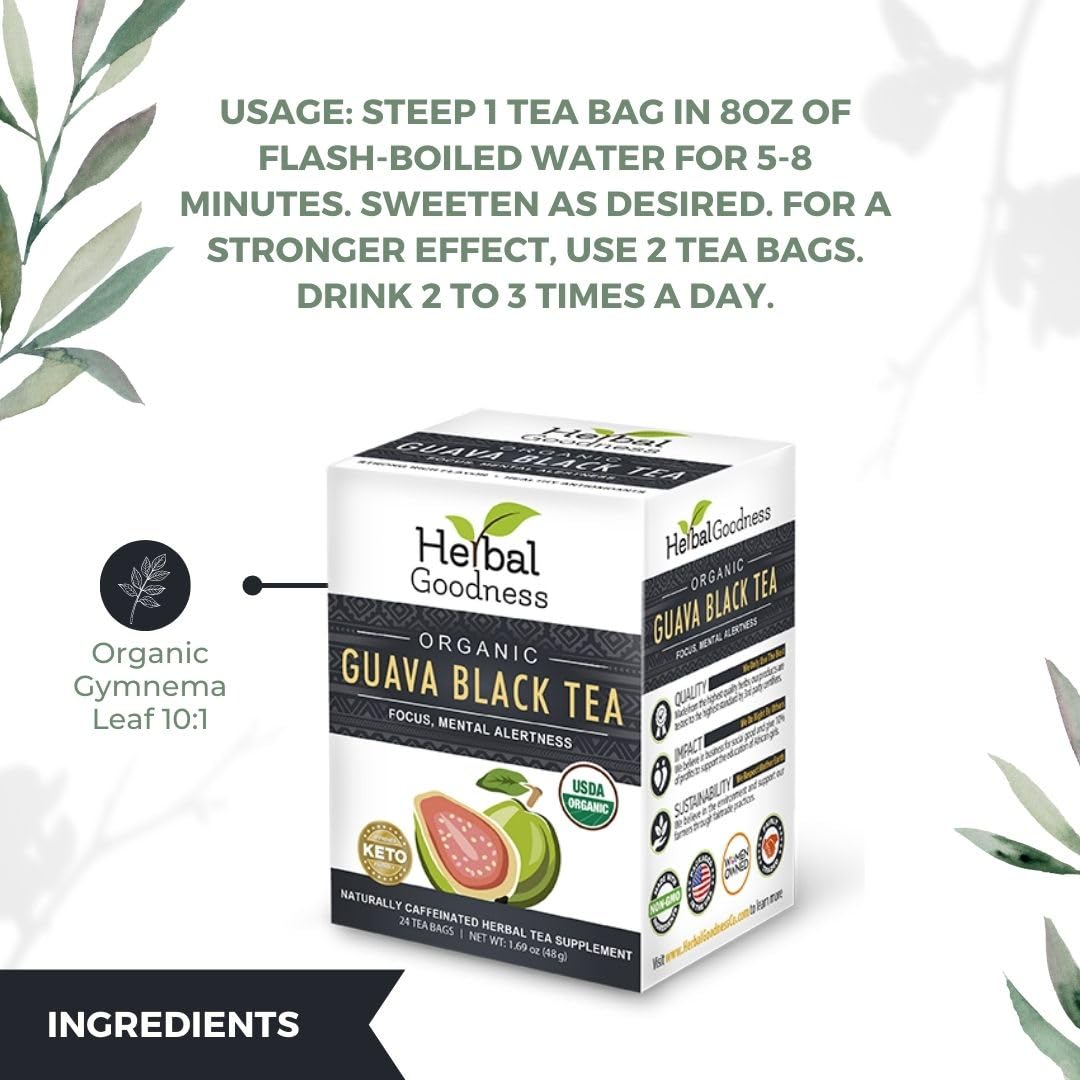 Guava Black Tea - Guava Leaves Herbal Tea For Health And Immune Boost|Hojas De Guayaba|Guava Leaf Tea Bags For Sleep, Oral Health, Tea For Skin Health And Immune Support Tea -24 Bags- Herbal Goodness