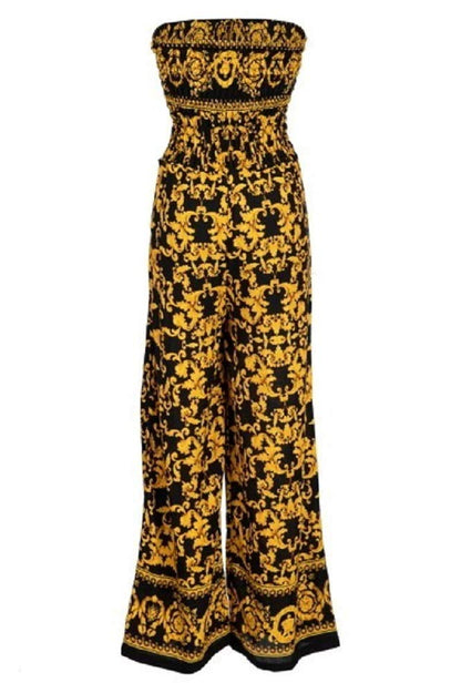 2Chique Boutique Women's Yellow and Black Printed Jumpsuit with Pockets (S/M)