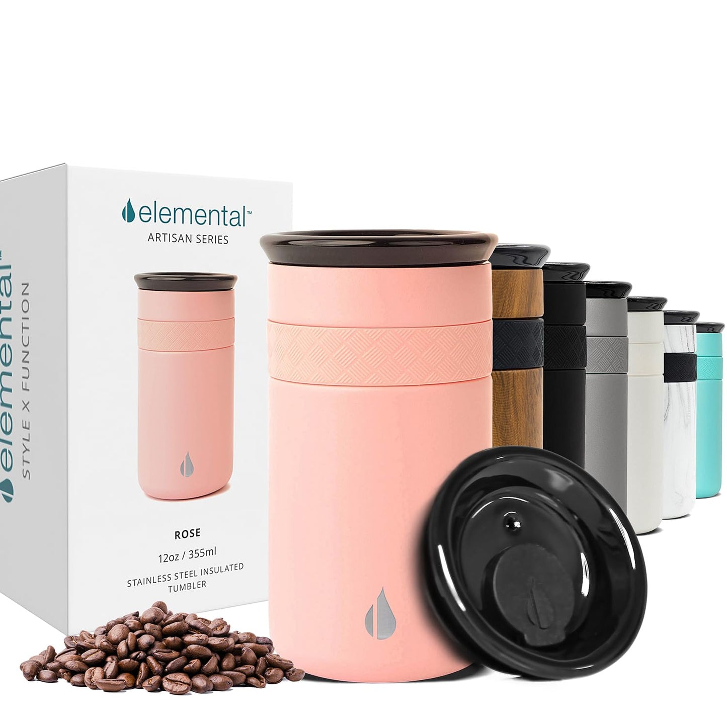 Elemental Artisan Insulated Tumbler, Triple Wall Coffee Travel Mug, Reusable Stainless Steel Coffee Tumbler with Ceramic Lid, Thermal Coffee Cups for Hot (6 Hrs) & Cold (18 Hrs), 12oz - Rose