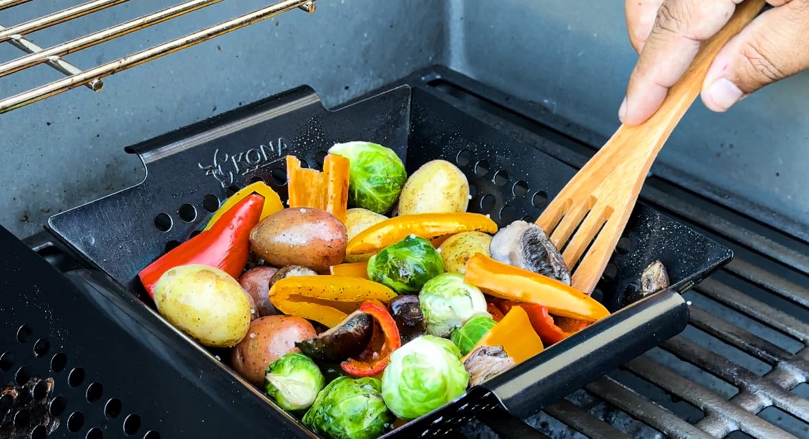 Kona Grill Grilling Basket Set - Premium Accessories for Outdoor Grill - Perfect for Veggies and More! Enhance Your BBQ Experience with this Heavy-Duty Grill Basket - Includes Bonus Gift: Wooden