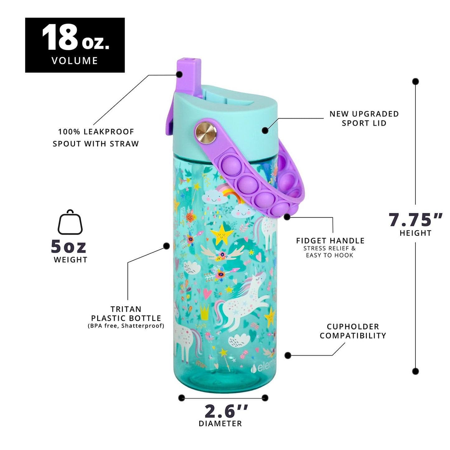 Elemental Leak Proof Water Bottles for Kids - Splash Kids Water Bottle for School with Pop-it Handle - Tritan Plastic Water Bottle with Straw - Unicorn & Rose - 18oz (2 Pack)