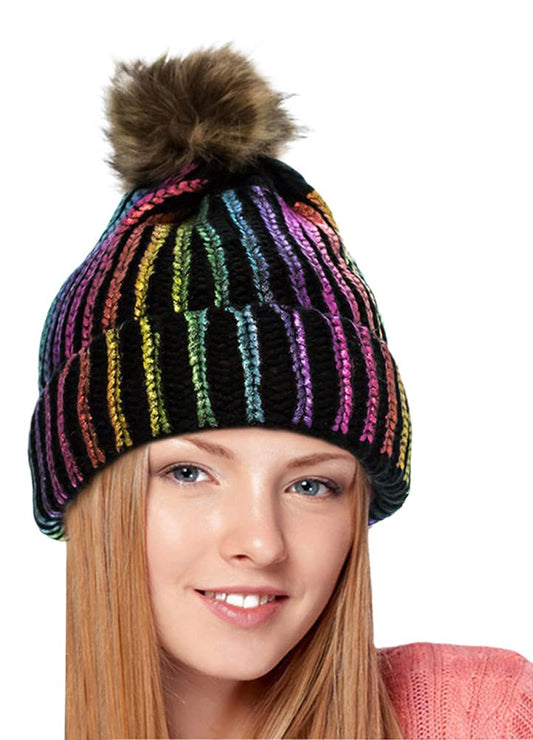 2Chique Boutique Women's Knitted Metallic Multicolor Pom Pom Beanie (Black)