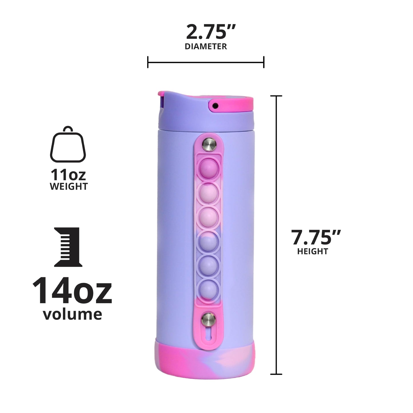 Elemental Iconic Kids Water Bottle with Straw Lid & Stress Relief Pop It Handle, Leak-Proof When Closed, Triple Insulated Kids Stainless Steel Water Bottle For Girls and Boys, 14oz - Lilac Tie Dye