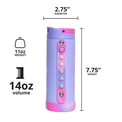 Elemental Iconic Kids Water Bottle with Straw Lid & Stress Relief Pop It Handle, Leak-Proof When Closed, Triple Insulated Kids Stainless Steel Water Bottle For Girls and Boys, 14oz - Lilac Tie Dye
