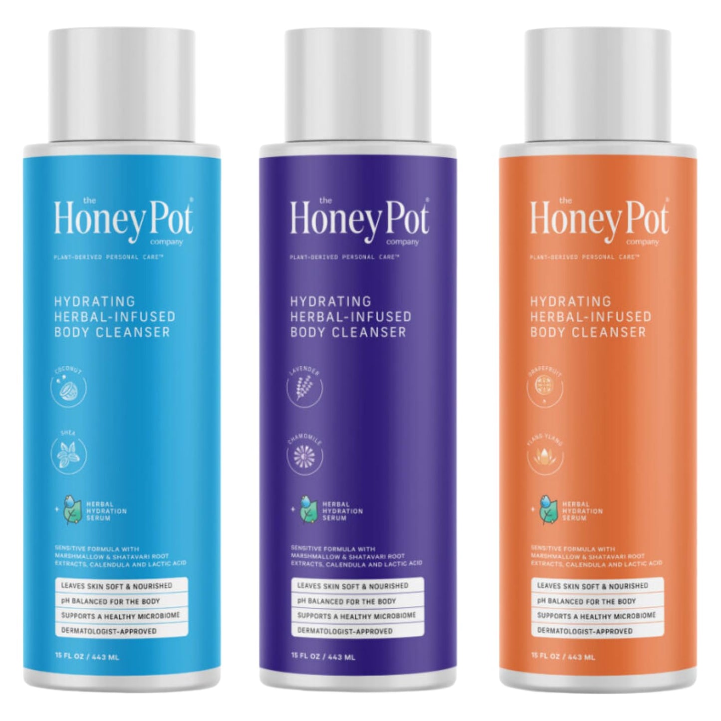 The Honey Pot Company - Body Cleanser - Variety Pack - Coconut Shea, Lavendar Chamomile, and Grapefruit Ylang Ylang