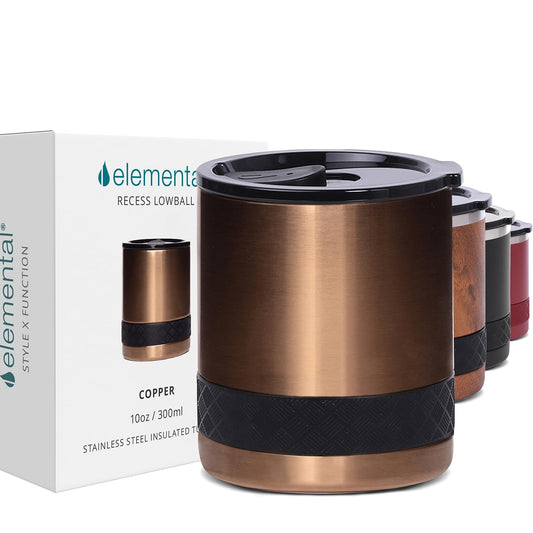 Elemental Recess Lowball Tumbler, 10oz Triple Wall Stainless Steel Cup with Non-Shattered Tritan Lid, Insulated Whiskey Glass, Insulated Coffee Tumbler Mug for Hot & Cold Drinks - Copper