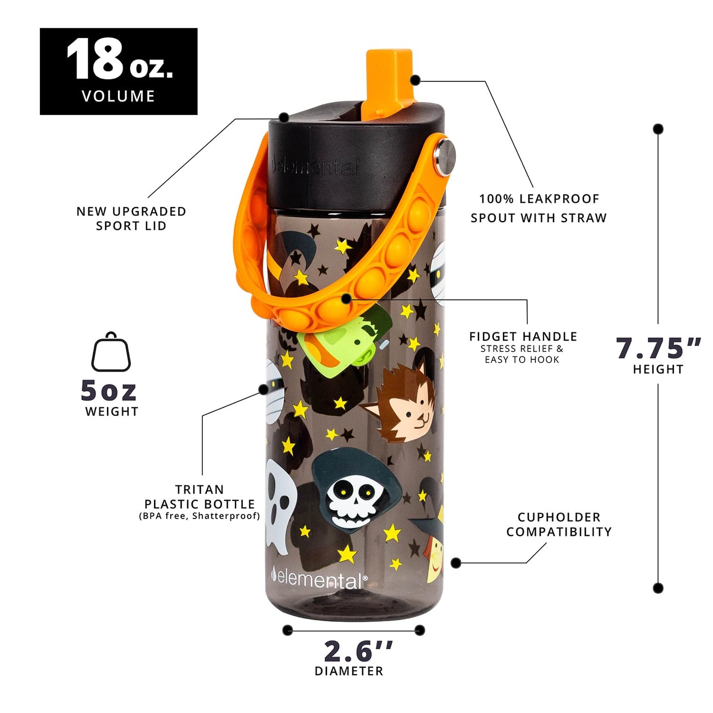 Elemental Leak Proof Water Bottles for Kids - Splash Kids Water Bottle for School with Pop-it Handle - BPA Free Tritan Plastic Reusable Water Bottle with Straw - Monster Party - 18oz