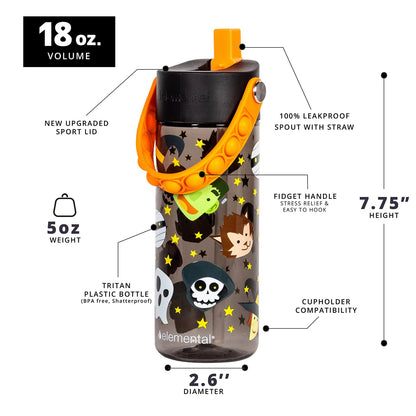 Elemental Leak Proof Water Bottles for Kids - Splash Kids Water Bottle for School with Pop-it Handle - BPA Free Tritan Plastic Reusable Water Bottle with Straw - Monster Party - 18oz