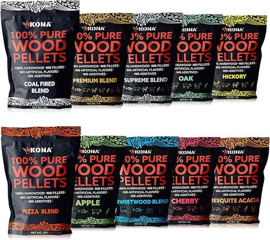 (Set of 10) Variety Wood Smoker Pellets - Premium, Smoker Pellet, 8 Bag Variety Pack (1 lb), Pizza Blend Wood Smoker Pellets (2 lbs), & Coal Fired Pellets (2 lbs) - for Grills, Smokers, & Pizza Ovens