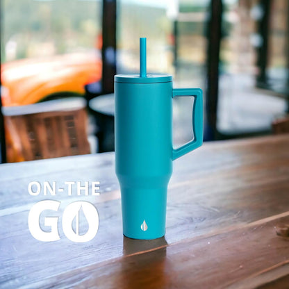 Elemental 40 oz Tumbler with Handle and Straw - Spill Proof Insulated Stainless Steel Commuter for Hot and Cold Beverages - Travel Coffee Mug with 2 Straws & Spill Proof Lid - 40oz - Teal