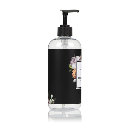 Artanis Home 10-Pack Customized PET Plastic Refillable Pump Bottles with Black Floral Design Waterproof Labels and Black Pumps, Clear