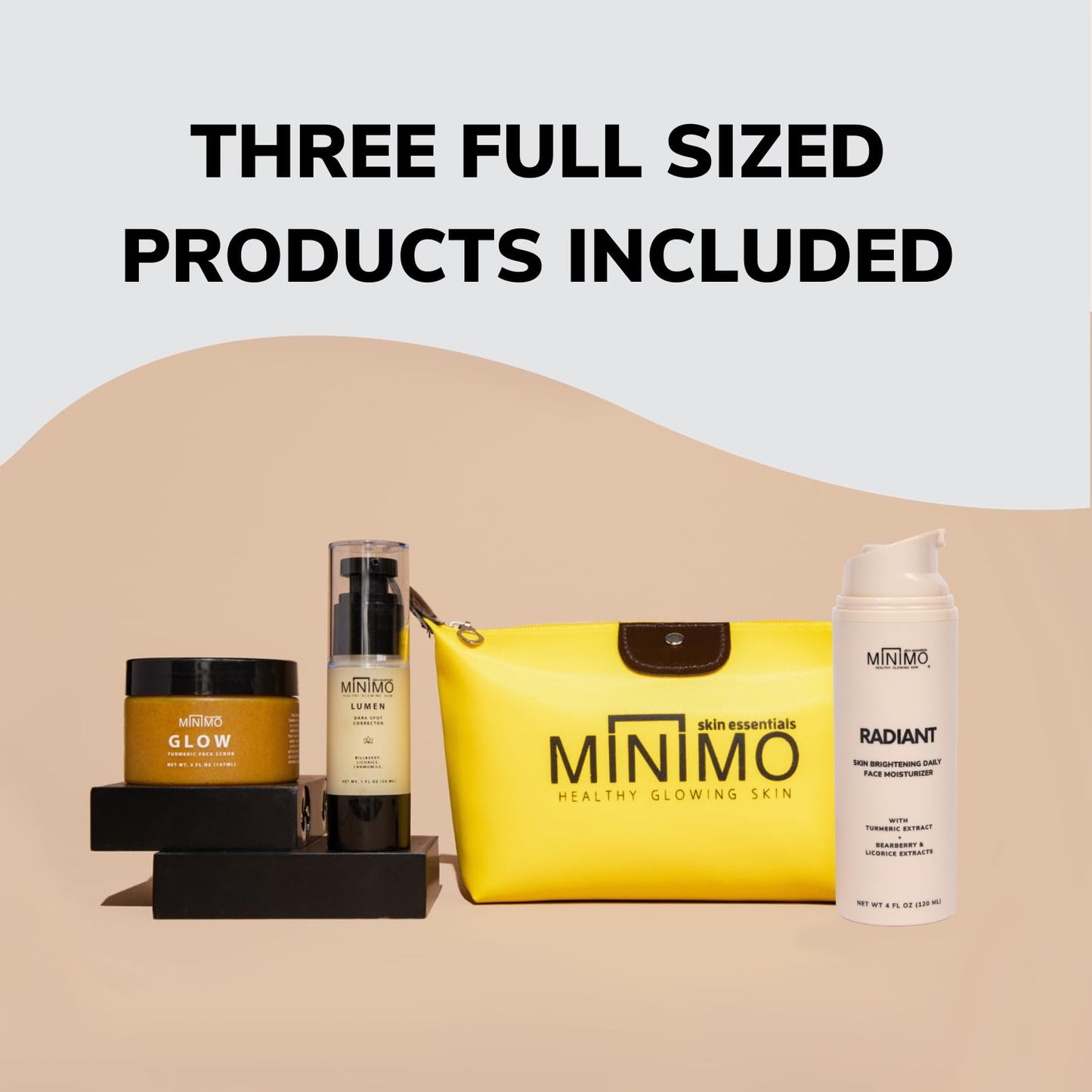 Minimo Skin Essentials Glow Starter Pack for Dull, Uneven Skin Tone Promotes a Glowing Complexion 3 Full Size Products, Applicator, & Makeup Bag Included
