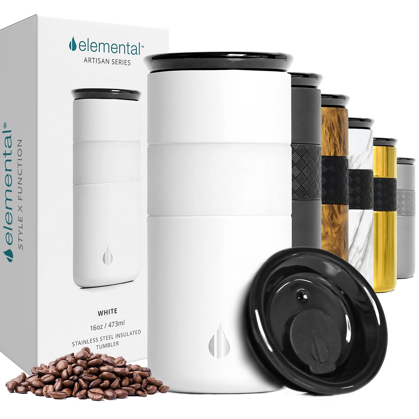 Elemental Artisan Insulated Tumbler, Triple Wall Coffee Travel Tumbler, Reusable Stainless Steel Coffee Tumbler with Ceramic Lid, Thermal Coffee Cups for Hot (6 Hrs) & Cold (18 Hrs) 16oz - Matte White