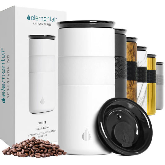 Elemental Artisan Insulated Tumbler, Triple Wall Coffee Travel Tumbler, Reusable Stainless Steel Coffee Tumbler with Ceramic Lid, Thermal Coffee Cups for Hot (6 Hrs) & Cold (18 Hrs) 16oz - Matte White