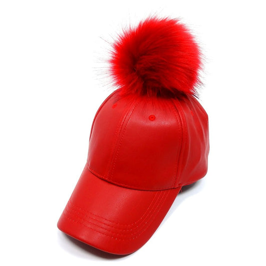 2Chique Boutique Women's Faux Leather Snap Off Pom Pom Hat (Red)