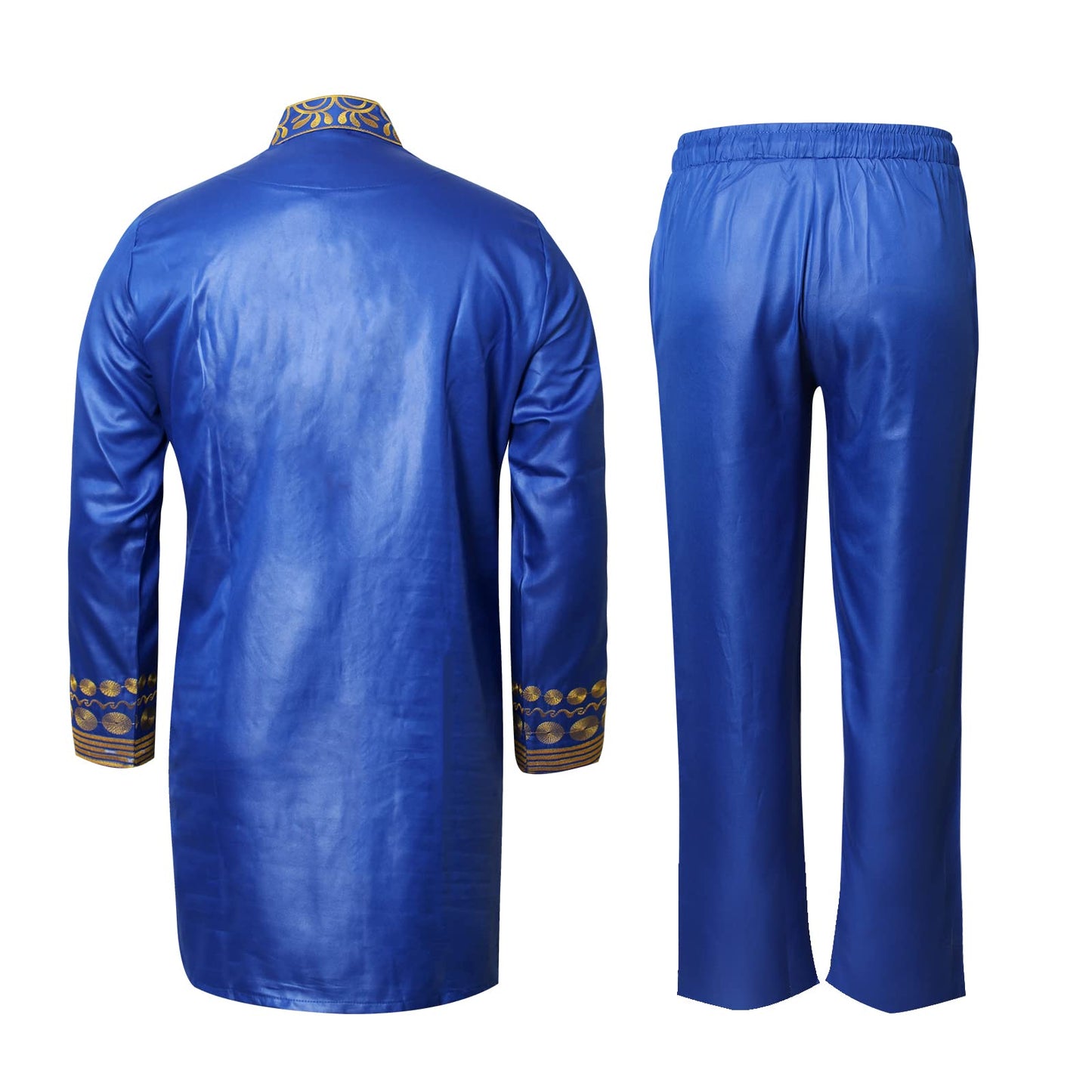 TIDOIRSA African Mens Clothing,Gold Embroidery Men Shirt and Pants Outfit 2 Piece Set (5XL,Blue)