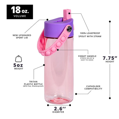 Elemental Leak Proof Water Bottles for Kids - Splash Kids Water Bottle for School with Pop-it Handle - Tritan Plastic Water Bottle with Straw - Unicorn & Rose - 18oz (2 Pack)