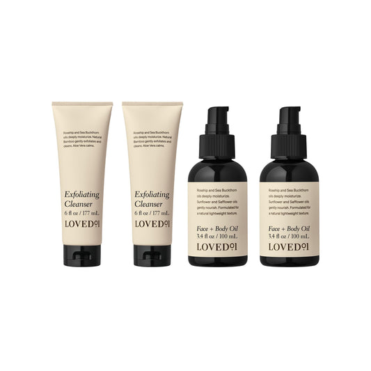 Loved01 Exfoliating & Hydrating Bundle, Exfoliating Cleanser & Lightweight Face & Body Oil (2-Pack 6 Oz Cleanser & 2-Pack 3.4 Oz Face & Body Oil)