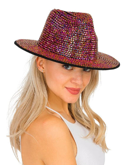 2Chique Boutique Women's Extra Bling Fuchsia Rhinestone Embellished Wide Brim Fedora Hat