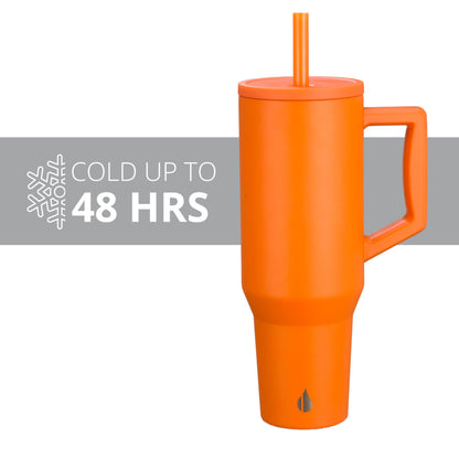 Elemental 40 oz Tumbler with Handle and Straw - Spill Proof Insulated Stainless Steel Commuter for Hot and Cold Beverages - Travel Coffee Mug with 2 Straws & Spill Proof Lid - 40oz - Orange