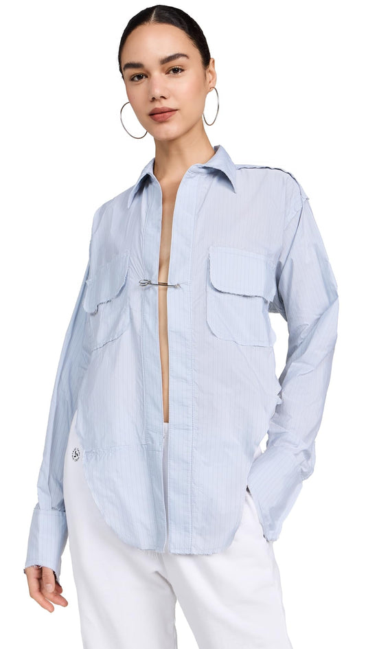 Sami Miro Vintage Women's V Cut Safety Pin Blouse, Blue Pinstripe, S