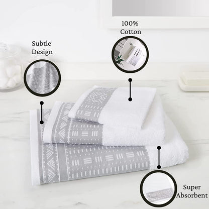 Eclipse Home OBI-Cool Gray Bathroom Towel Set - Pure Cotton Bath Towels - Soft, Fluffy Super Absorbent Cloths for Shower, Beach, Kitchen - African Mud Cloth Patterned - Set of 3 Bathroom Towels