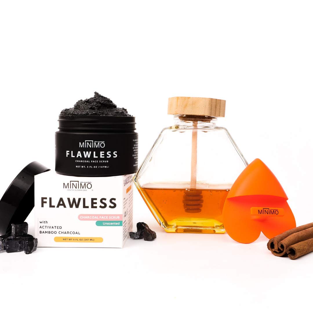 Minimo Flawless Charcoal Face Exfoliating Scrub + Applicator & Moisturizer for Bright Clear Skin Cleanse & Detox - All Natural Activated Charcoal - Fragrance Free for Sensitive Skin (5 oz)